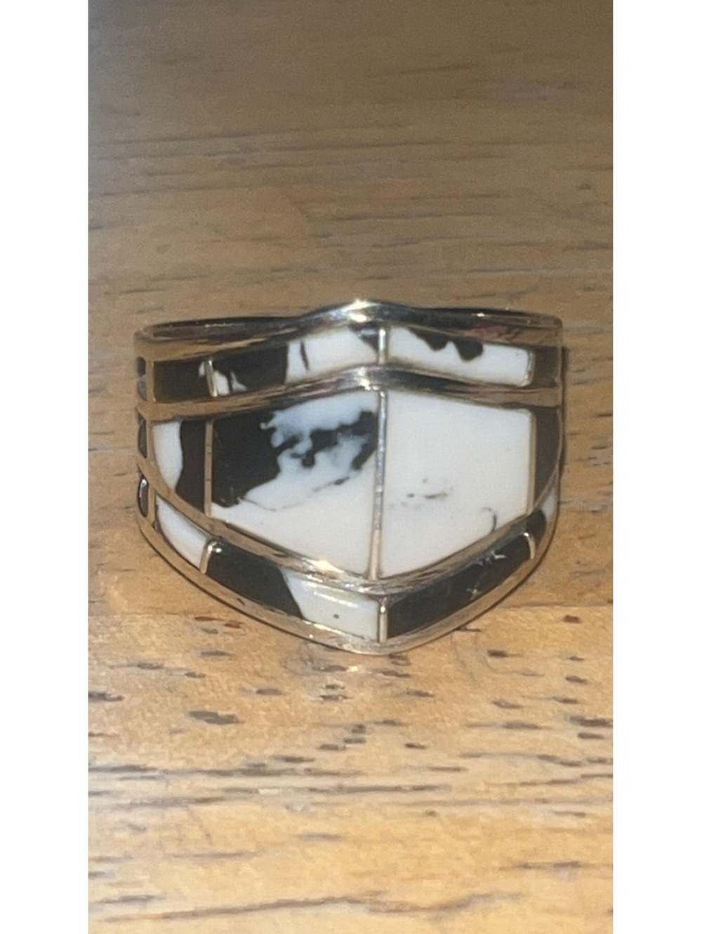 Navajo sterling silver white buffalo inlay traditional ring size 8 -Andrew